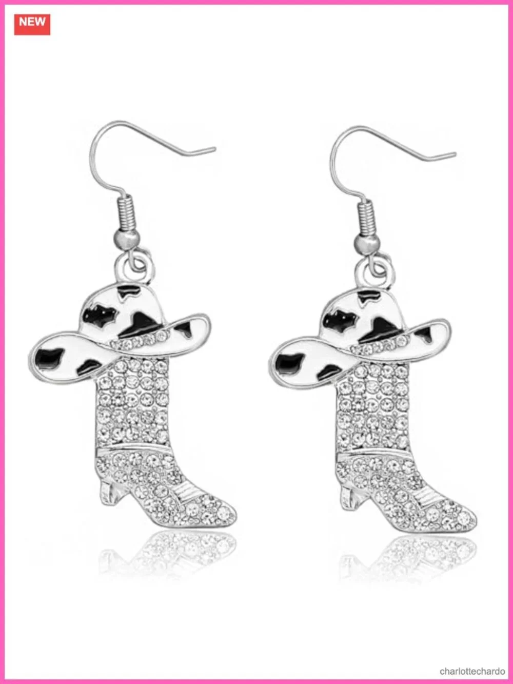 Western Boot Earrings Silver Rhinestone Cowboy Dangling Cowgirl Jewelry